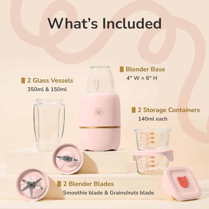 Kwiplee Bubble Blender, Baby Food Maker & Puree Blender with 2 Borosilicate Glass Cups, Compact Baby Bullet for Smoothies, Hands-Free One-Touch, 200W Motor, Rose - Image 2